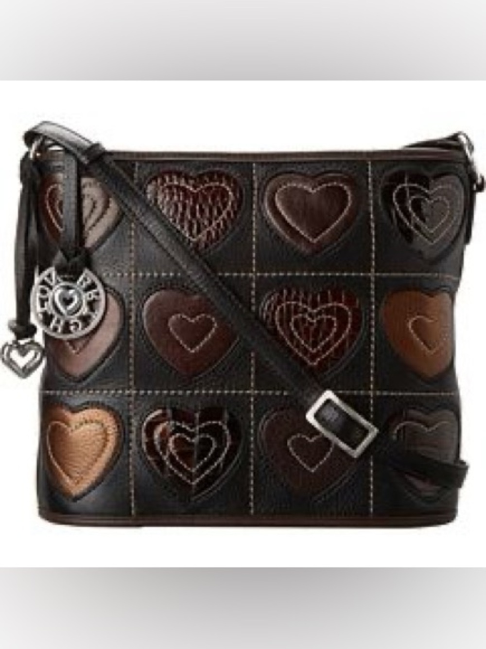 Brighton Valentine Black Crossbody with Brown Patchwork Hearts